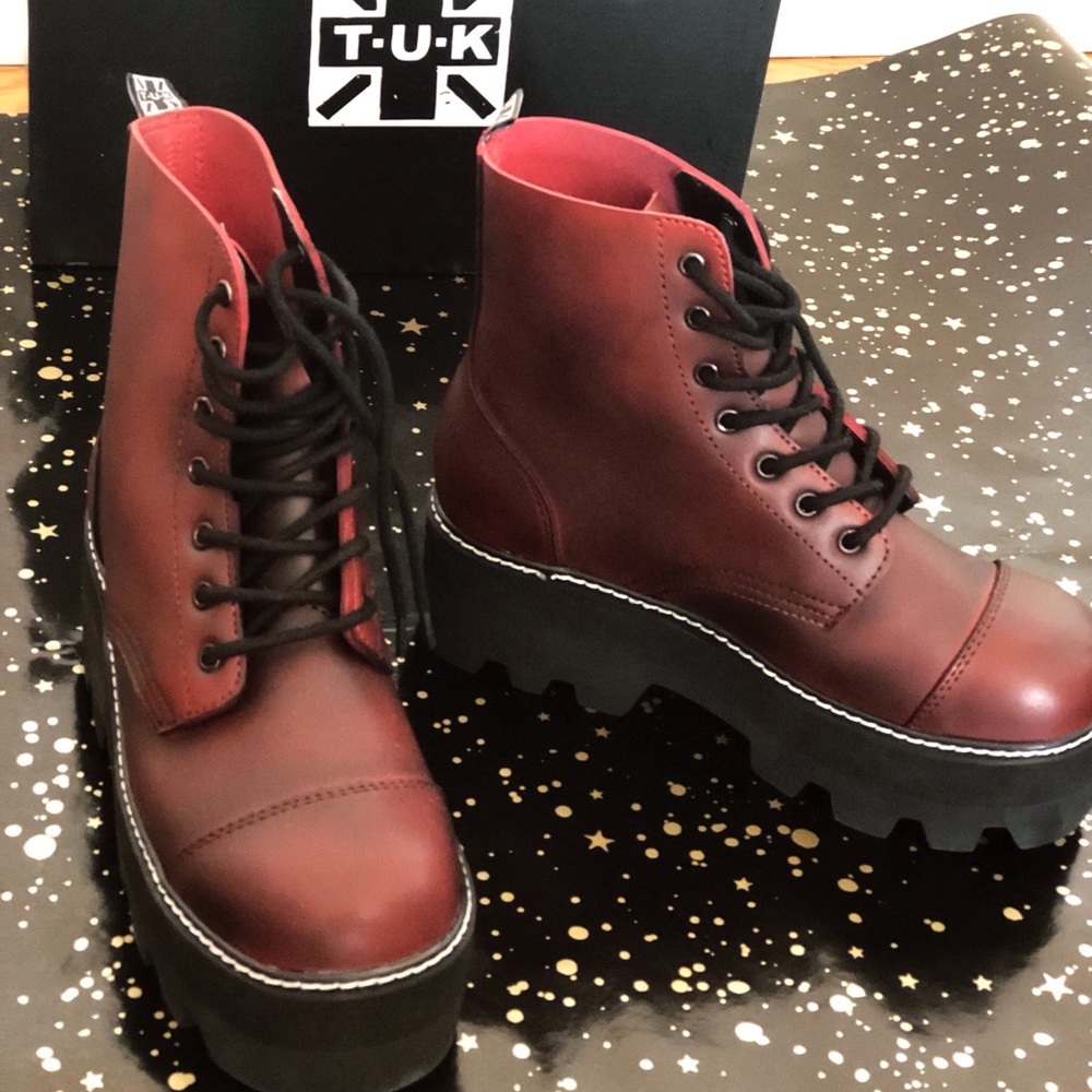 Size 8 T.U.K Burgundy Dino Lug Sole Boots